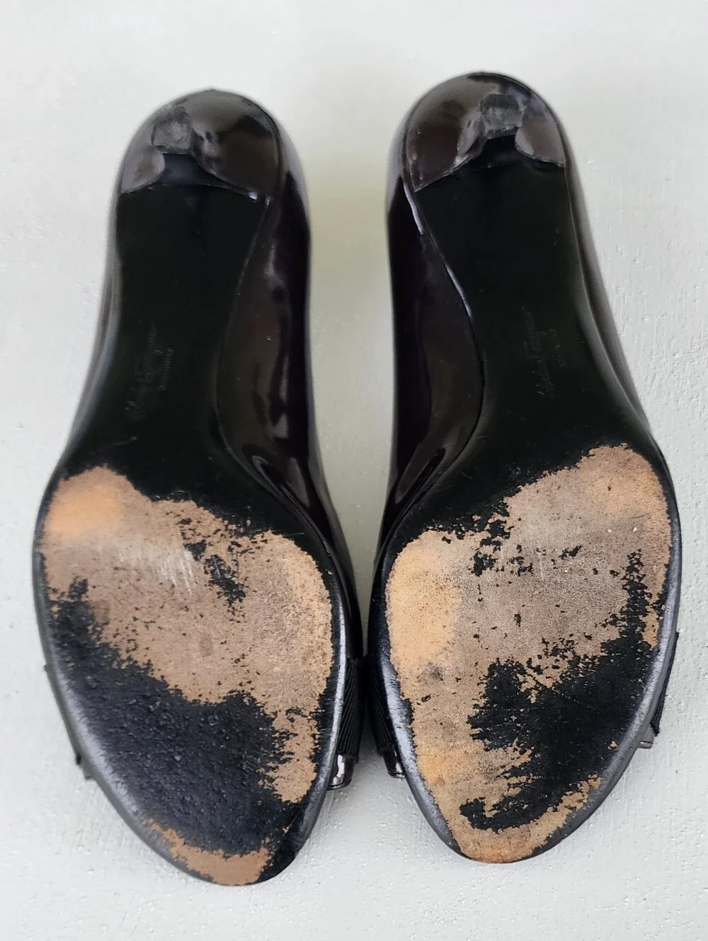 Salvatore Ferragamo Black Patent Vara Peep-Toe Flats